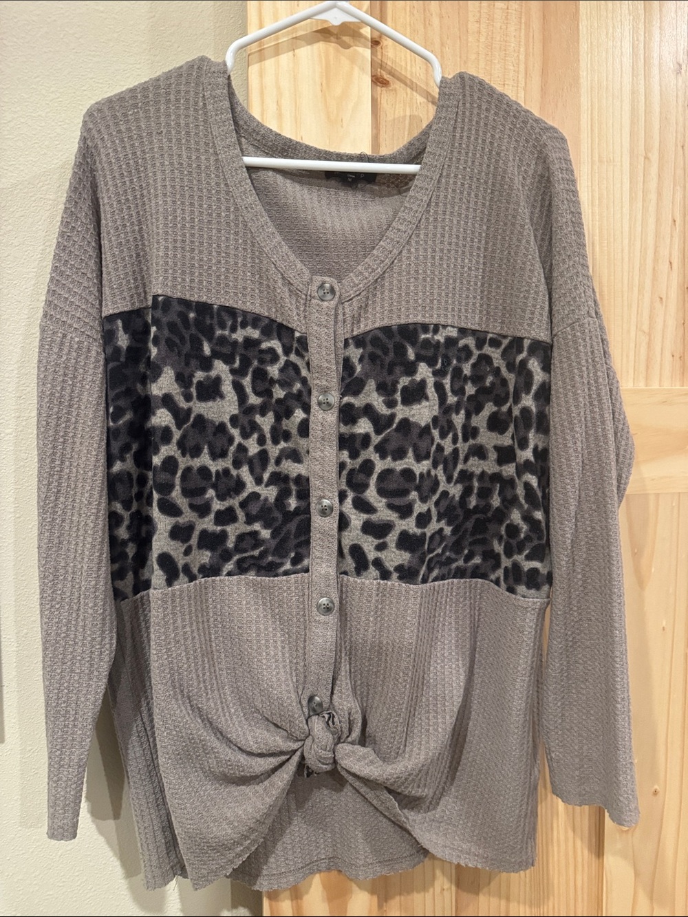 Taupe Knit Button-Front Cardigan with Leopard Panel